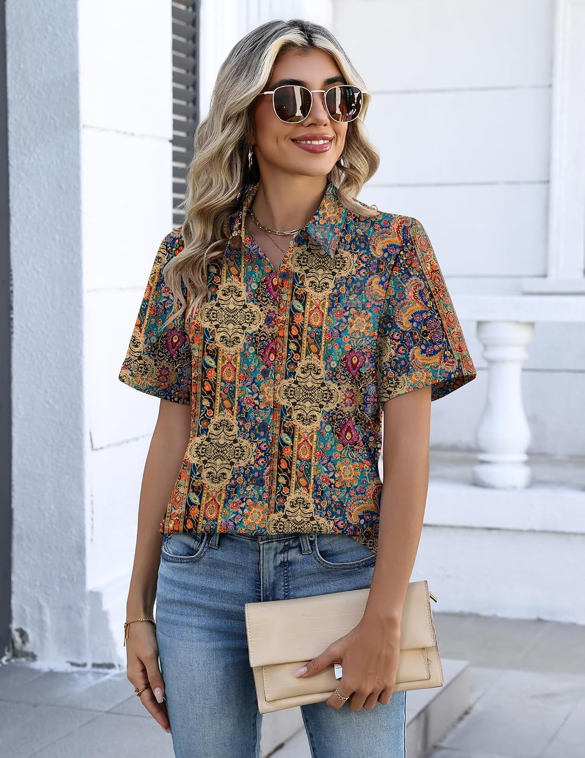 image:imageZeagoo Button Down Shirts for Women Short Sleeve Tops Dressy Casual BlousesMz721multicolored