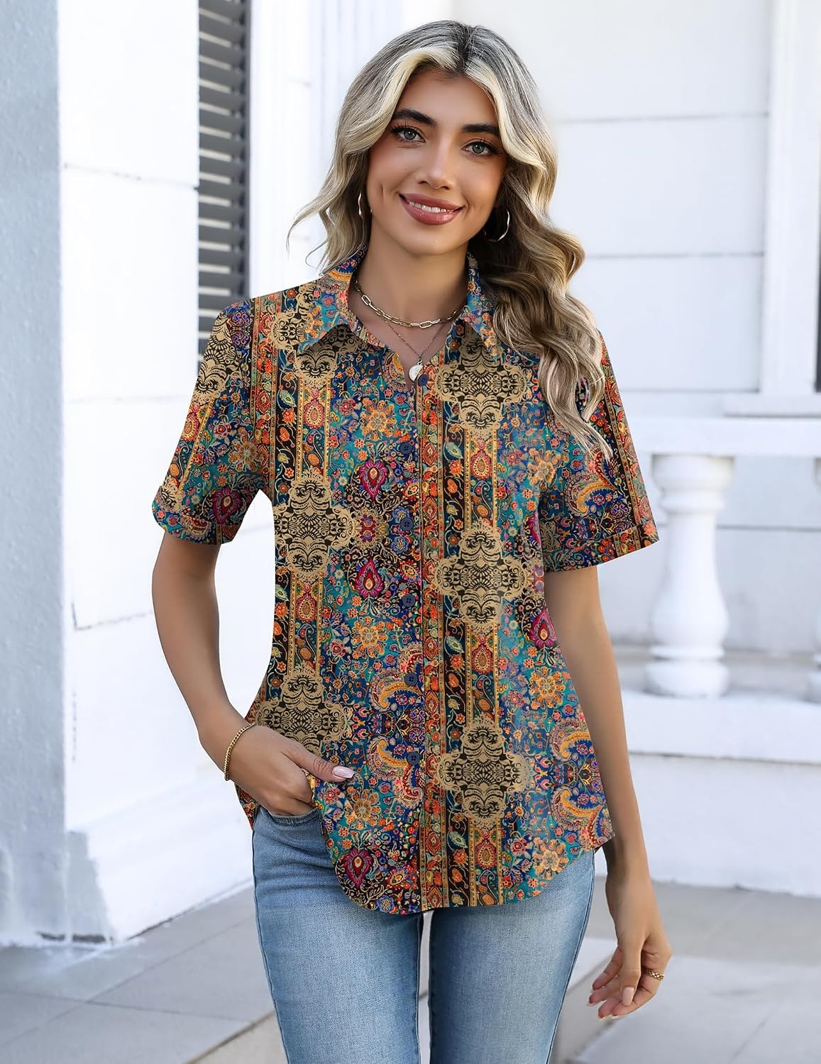 image:imageZeagoo Button Down Shirts for Women Short Sleeve Tops Dressy Casual BlousesMz721multicolored