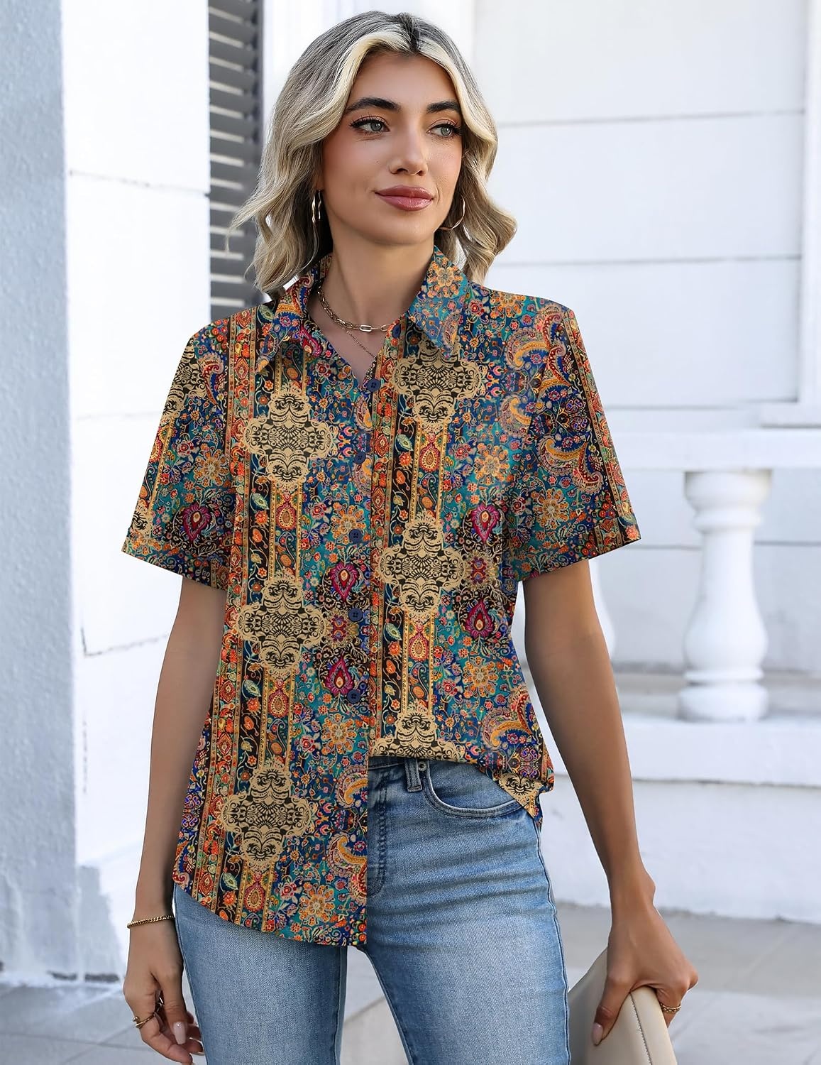 image:imageZeagoo Button Down Shirts for Women Short Sleeve Tops Dressy Casual BlousesMz721multicolored