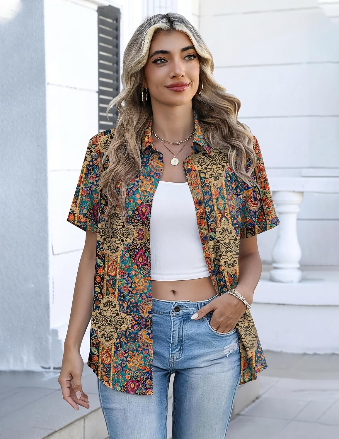 image:imageZeagoo Button Down Shirts for Women Short Sleeve Tops Dressy Casual BlousesMz721multicolored