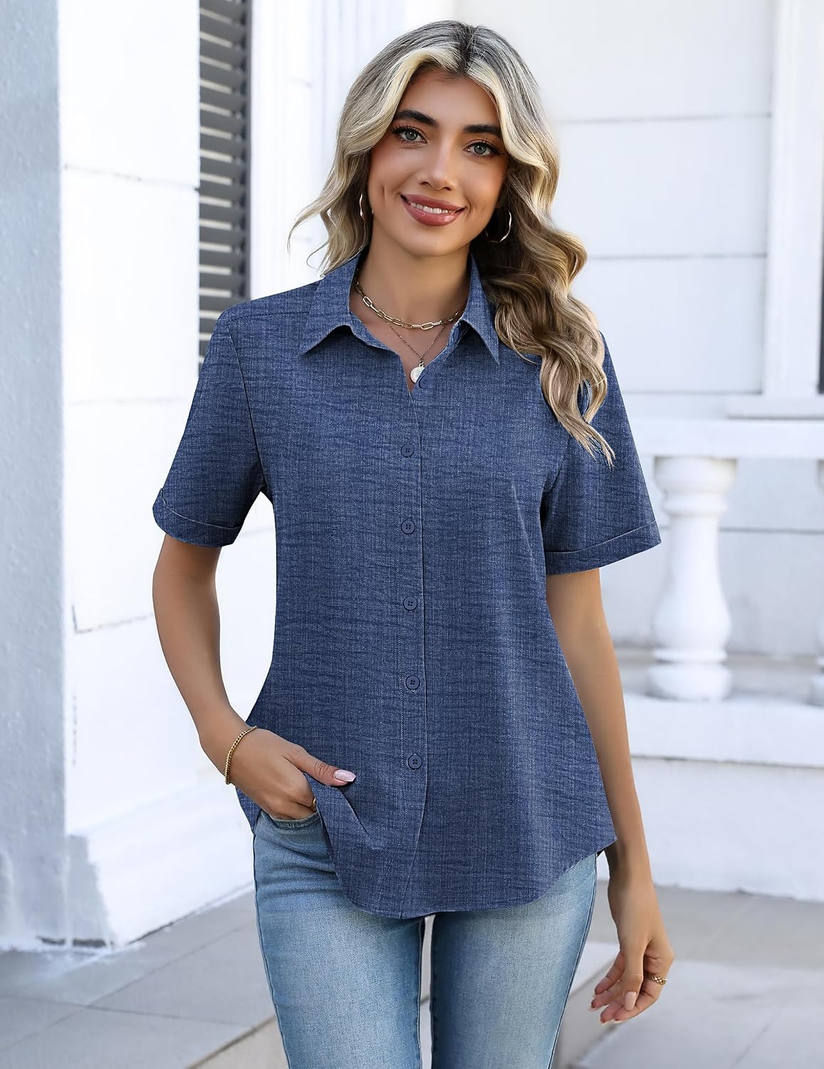 image:imageZeagoo Button Down Shirts for Women Short Sleeve Tops Dressy Casual BlousesNavy Blue