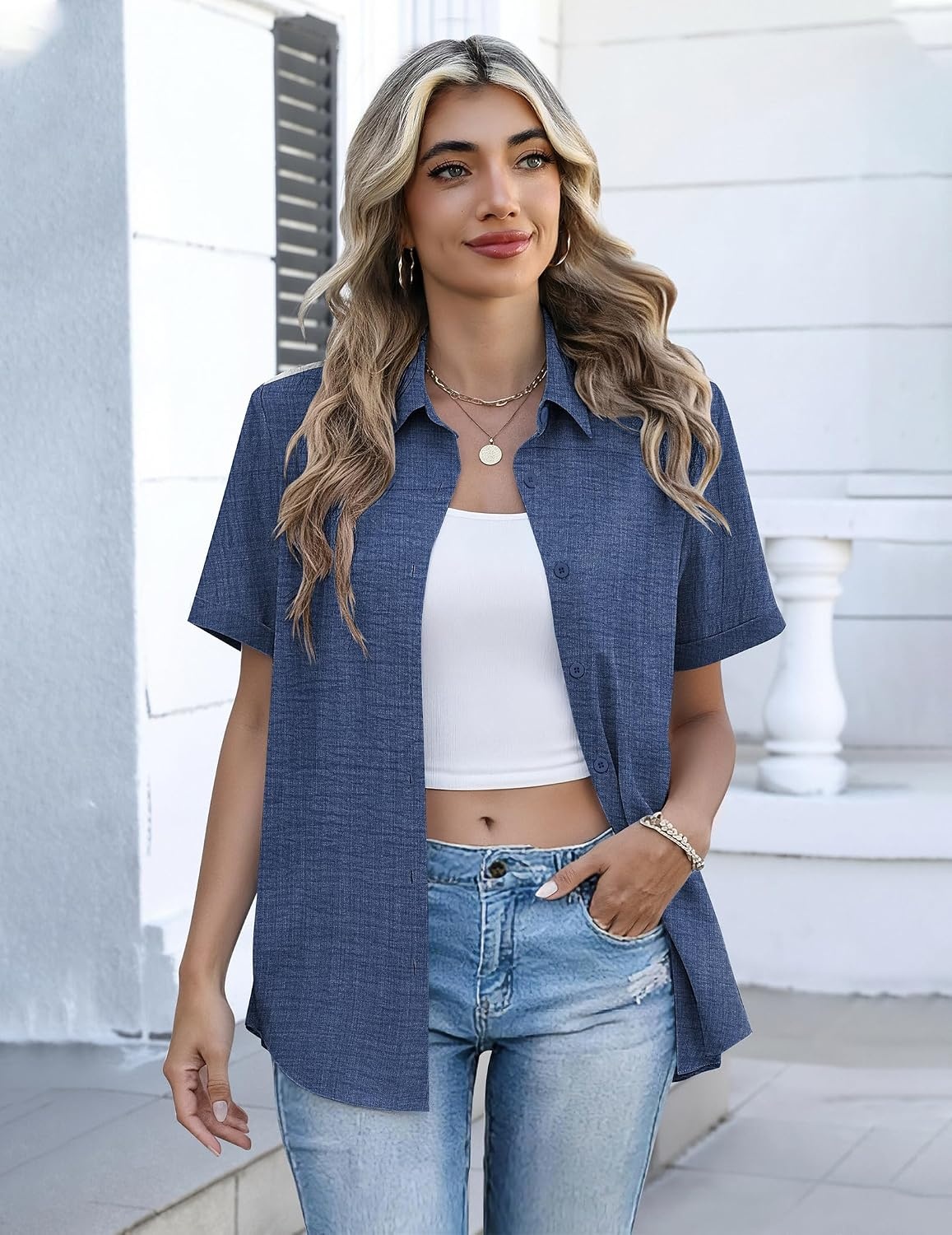 image:imageZeagoo Button Down Shirts for Women Short Sleeve Tops Dressy Casual BlousesNavy Blue