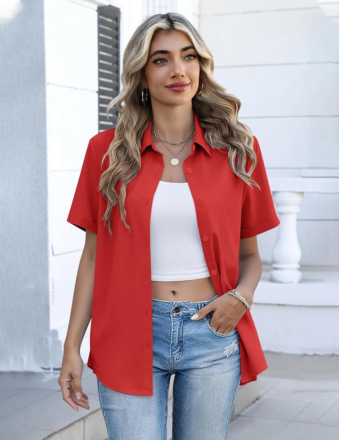 image:imageZeagoo Button Down Shirts for Women Short Sleeve Tops Dressy Casual BlousesRed