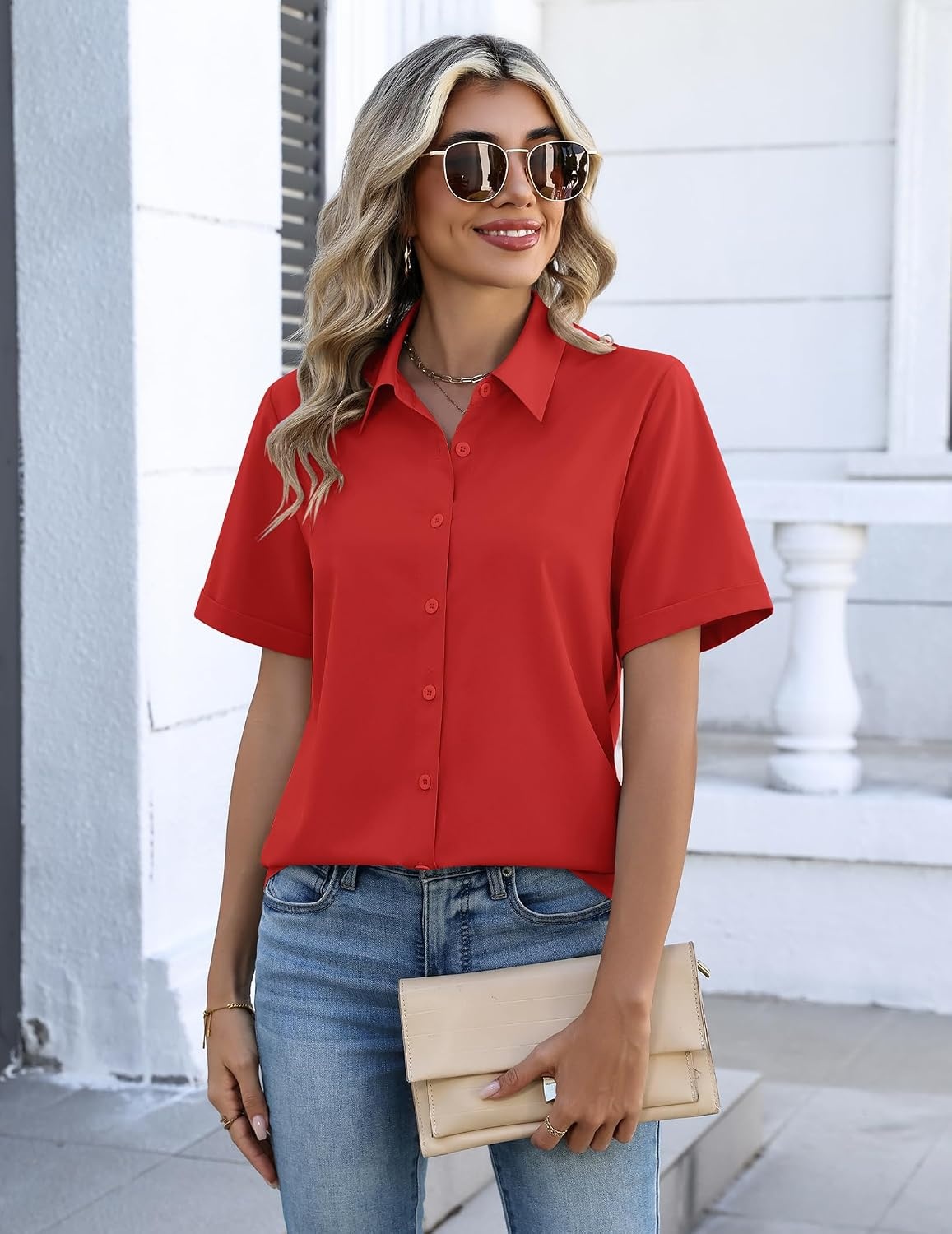 image:imageZeagoo Button Down Shirts for Women Short Sleeve Tops Dressy Casual BlousesRed