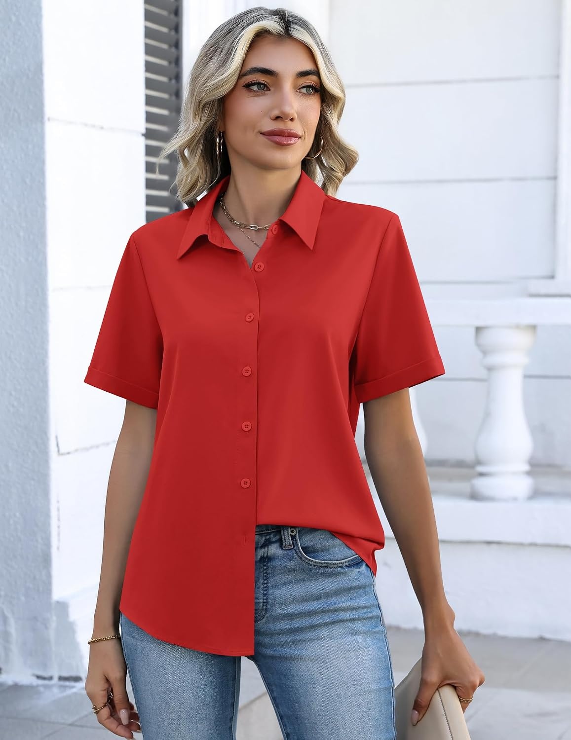 image:imageZeagoo Button Down Shirts for Women Short Sleeve Tops Dressy Casual BlousesRed
