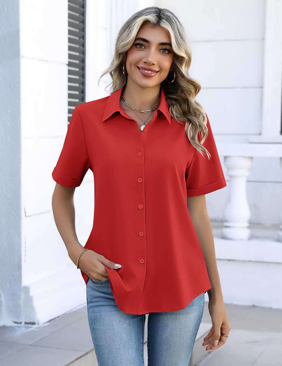 image:imageZeagoo Button Down Shirts for Women Short Sleeve Tops Dressy Casual BlousesRed