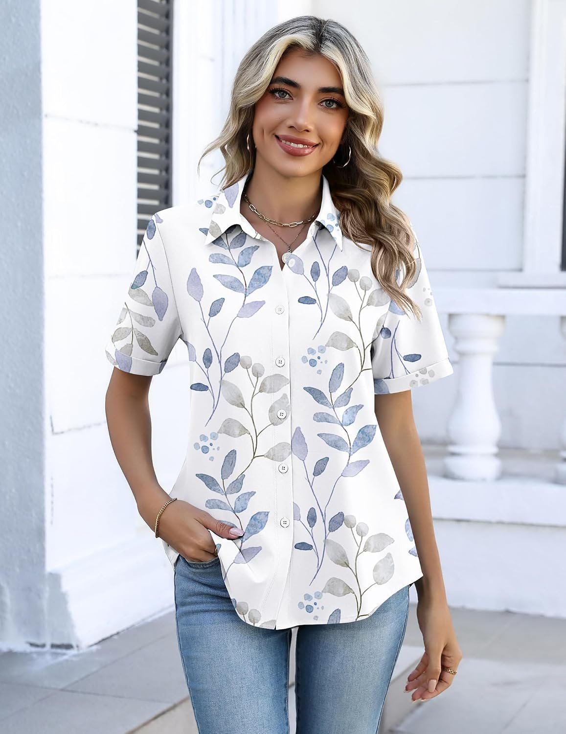 image:imageZeagoo Button Down Shirts for Women Short Sleeve Tops Dressy Casual BlousesSp106 Leaves