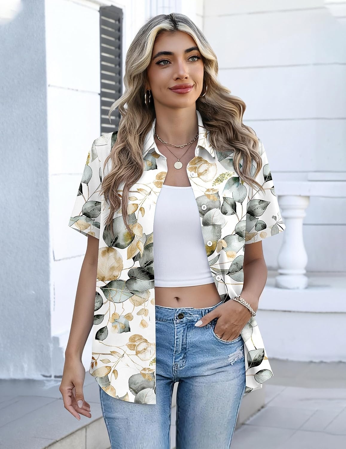 image:imageZeagoo Button Down Shirts for Women Short Sleeve Tops Dressy Casual BlousesSp99green Leaves