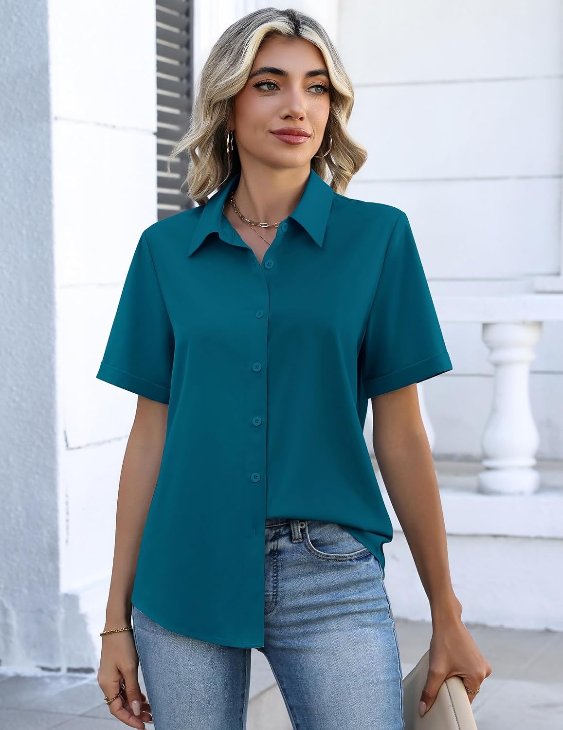 image:imageZeagoo Button Down Shirts for Women Short Sleeve Tops Dressy Casual BlousesTeal Blue