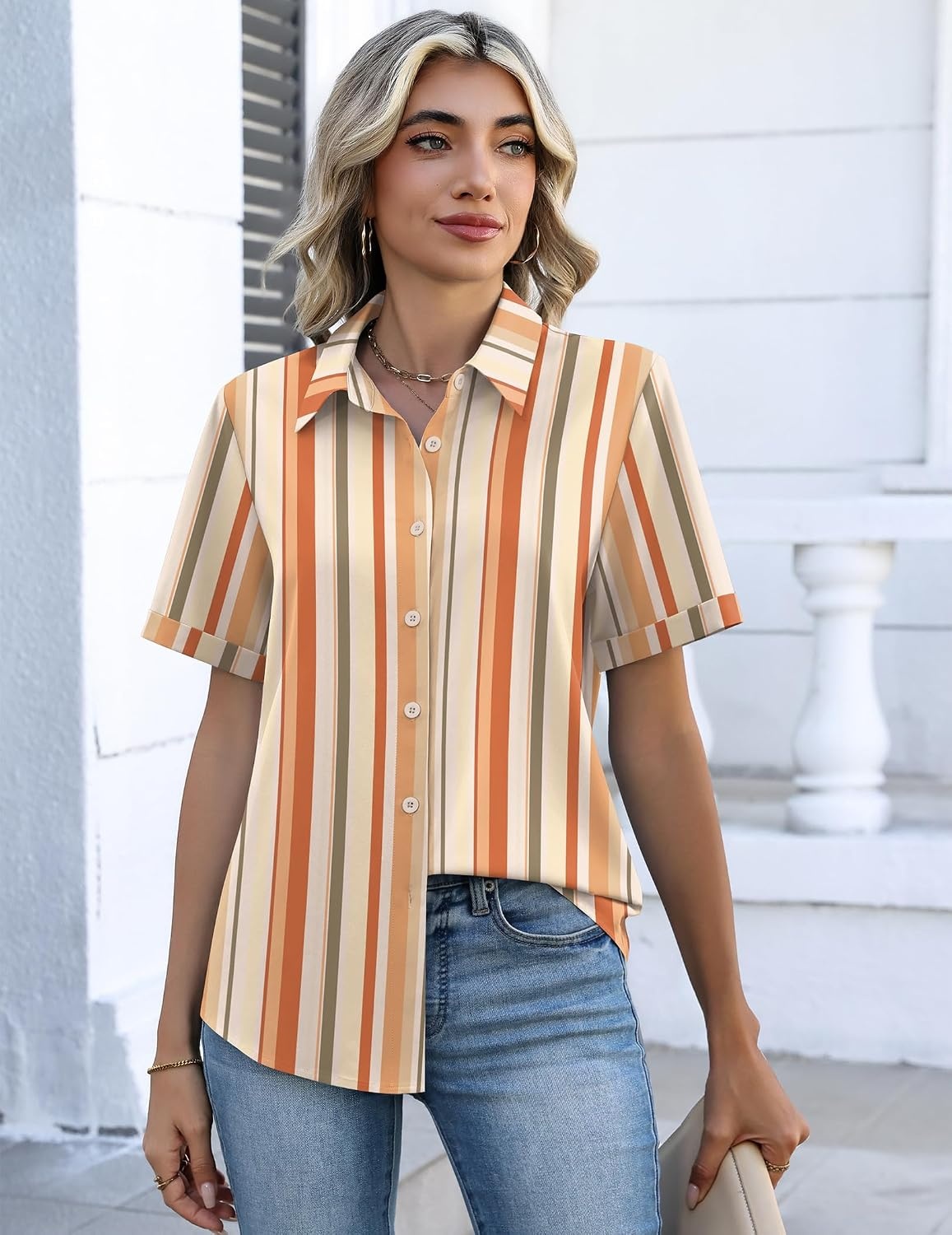 image:imageZeagoo Button Down Shirts for Women Short Sleeve Tops Dressy Casual BlousesTw720stripe