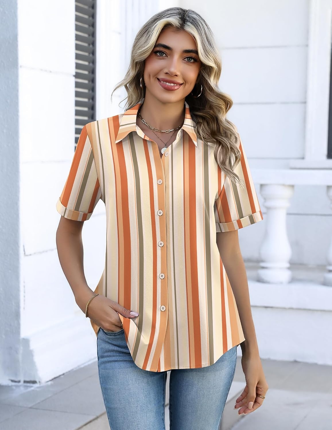 image:imageZeagoo Button Down Shirts for Women Short Sleeve Tops Dressy Casual BlousesTw720stripe
