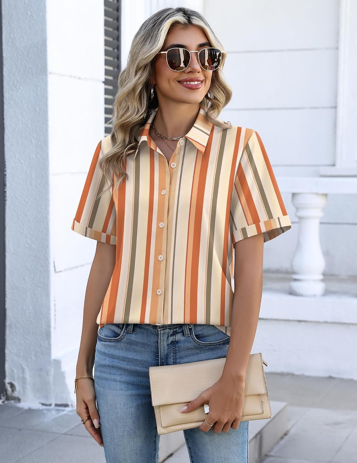 image:imageZeagoo Button Down Shirts for Women Short Sleeve Tops Dressy Casual BlousesTw720stripe