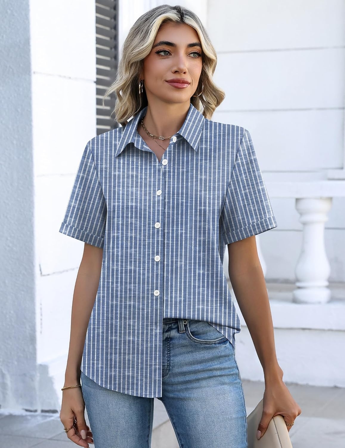 image:imageZeagoo Button Down Shirts for Women Short Sleeve Tops Dressy Casual BlousesTz273 Blue Stripe
