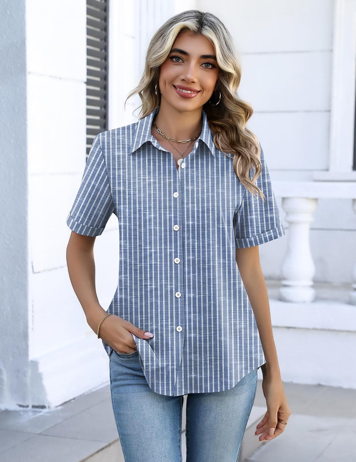 image:imageZeagoo Button Down Shirts for Women Short Sleeve Tops Dressy Casual BlousesTz273 Blue Stripe