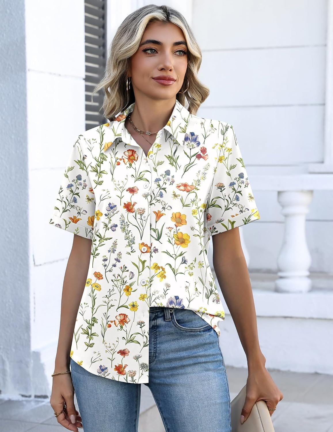 image:imageZeagoo Button Down Shirts for Women Short Sleeve Tops Dressy Casual BlousesXh403yellow Flowers
