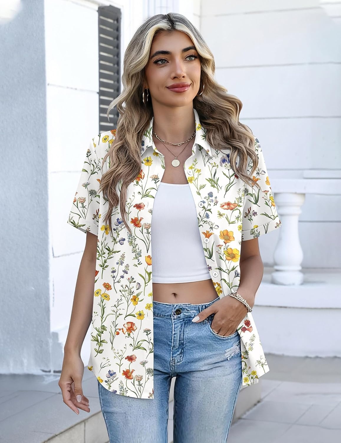 image:imageZeagoo Button Down Shirts for Women Short Sleeve Tops Dressy Casual BlousesXh403yellow Flowers