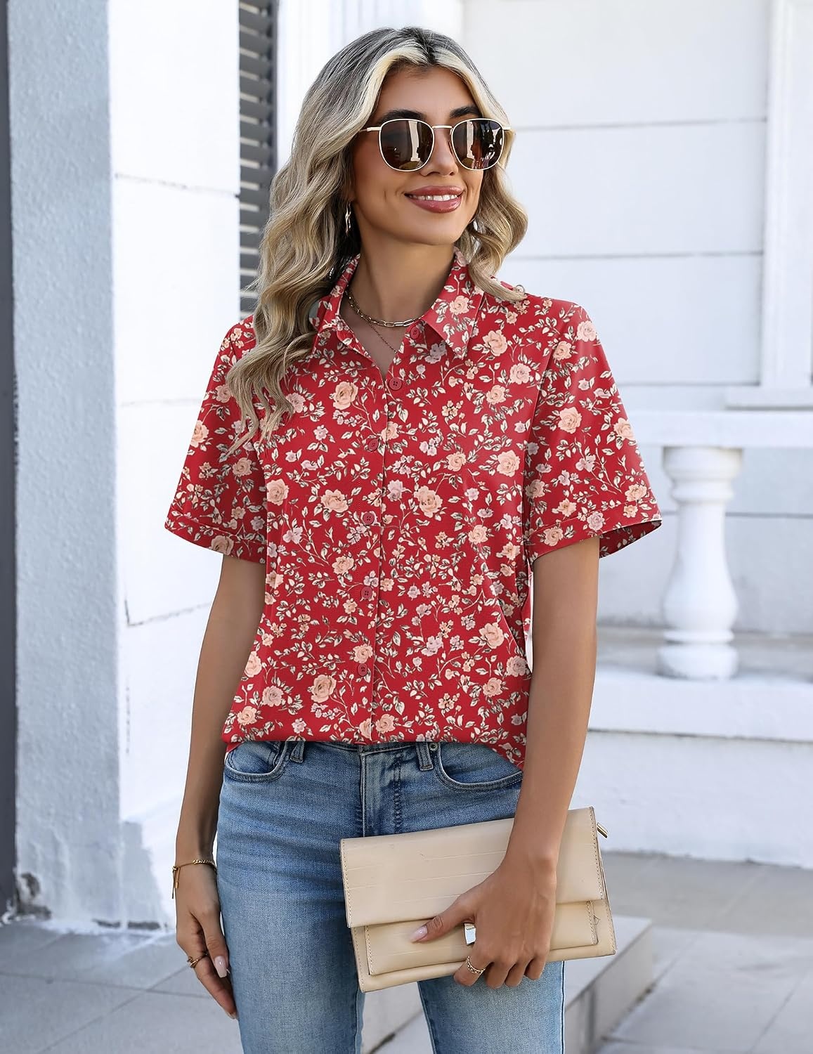image:imageZeagoo Button Down Shirts for Women Short Sleeve Tops Dressy Casual BlousesXh546red
