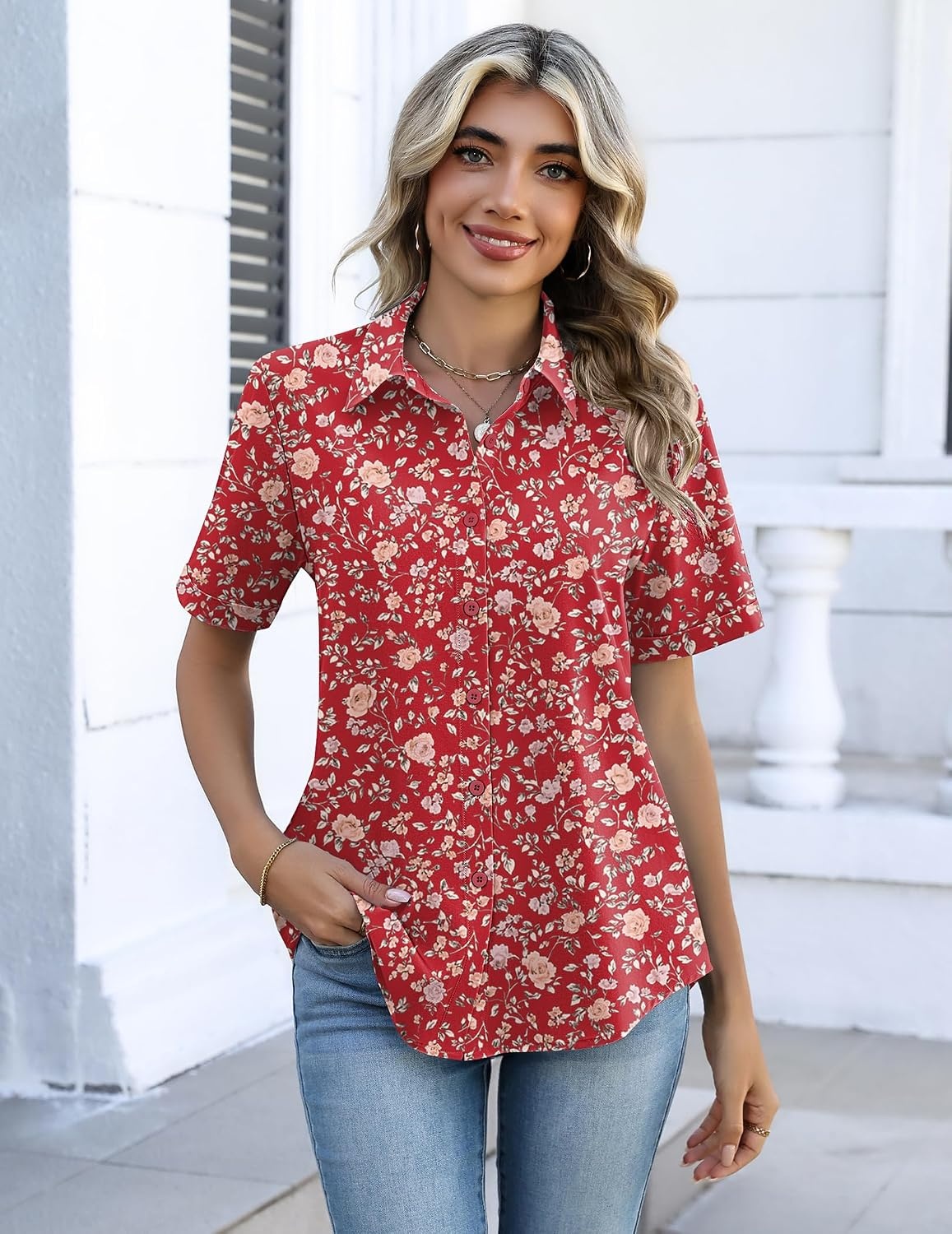 image:imageZeagoo Button Down Shirts for Women Short Sleeve Tops Dressy Casual BlousesXh546red