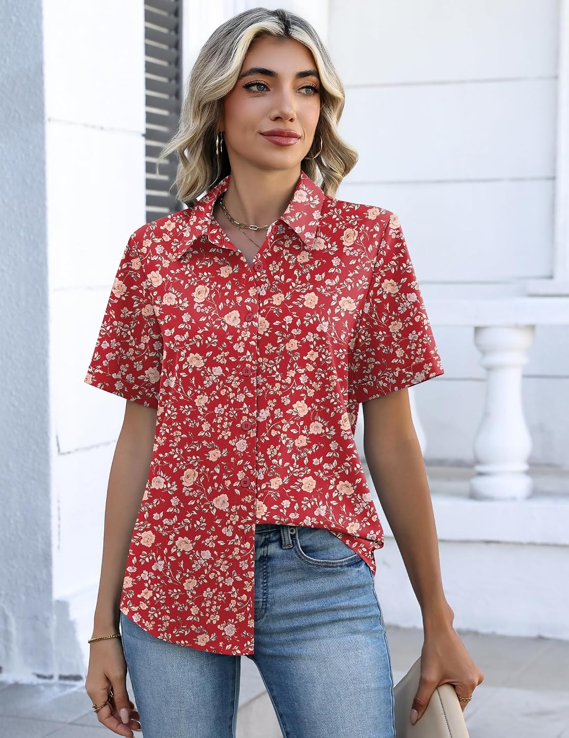 image:imageZeagoo Button Down Shirts for Women Short Sleeve Tops Dressy Casual BlousesXh546red