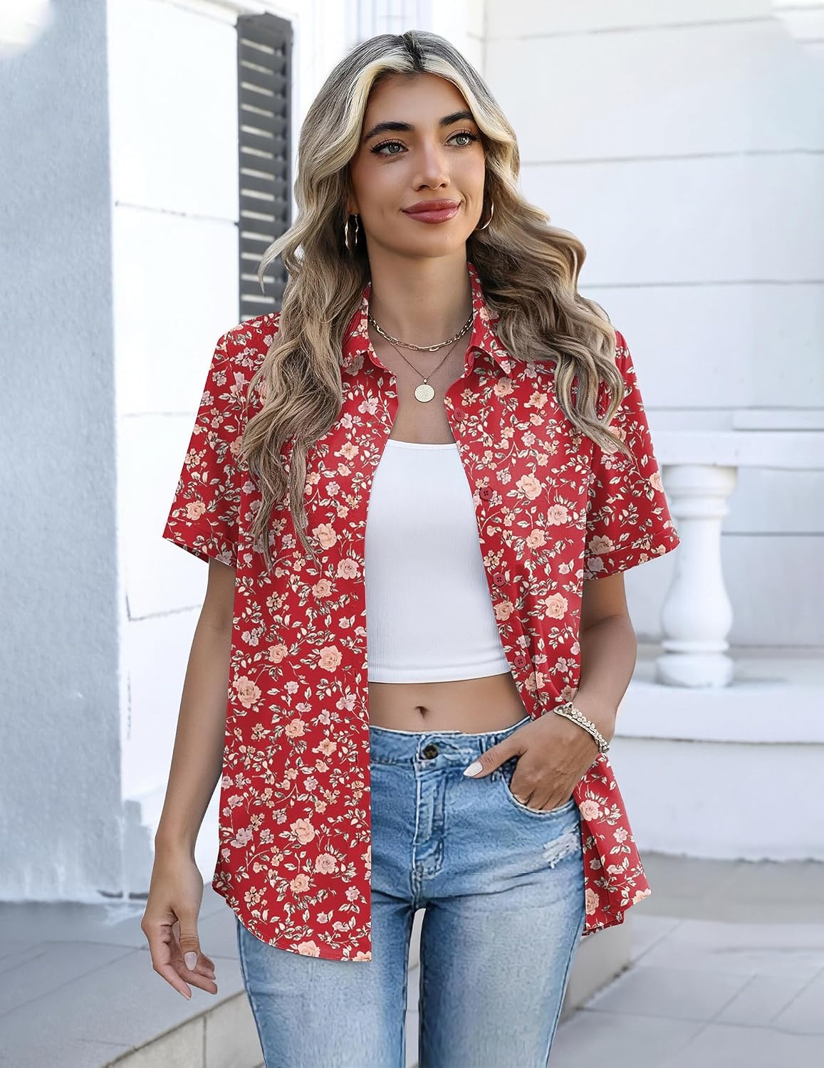 image:imageZeagoo Button Down Shirts for Women Short Sleeve Tops Dressy Casual BlousesXh546red
