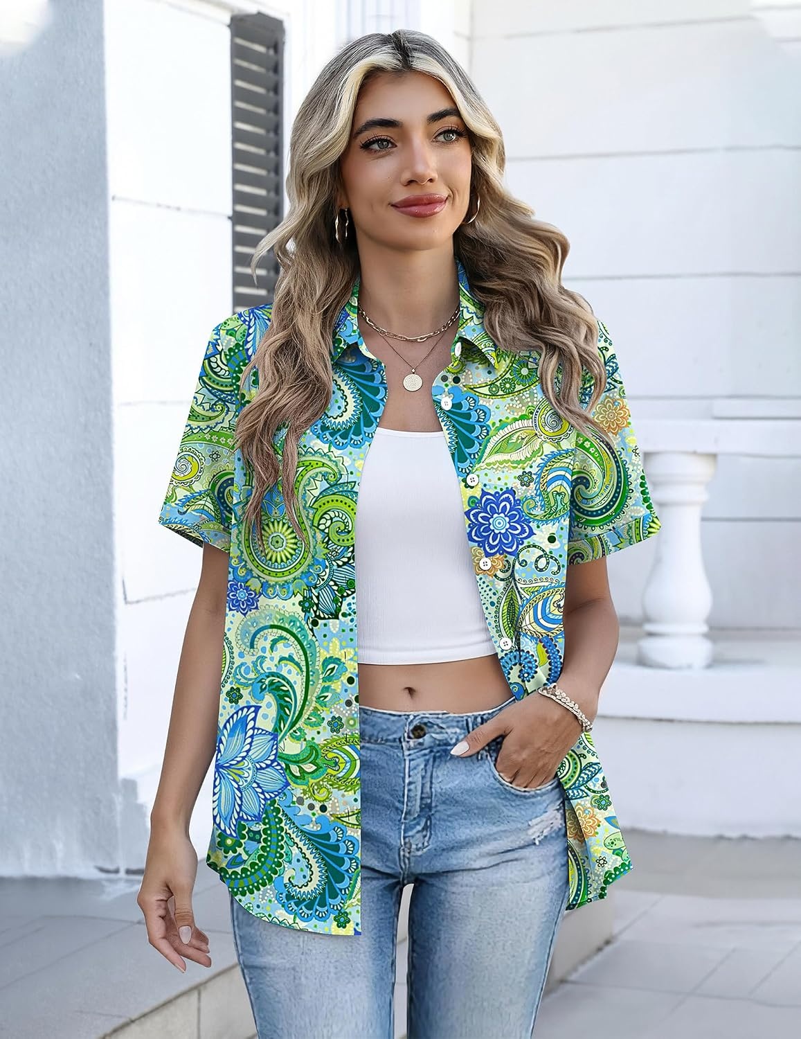 image:imageZeagoo Button Down Shirts for Women Short Sleeve Tops Dressy Casual BlousesYg2multicolored