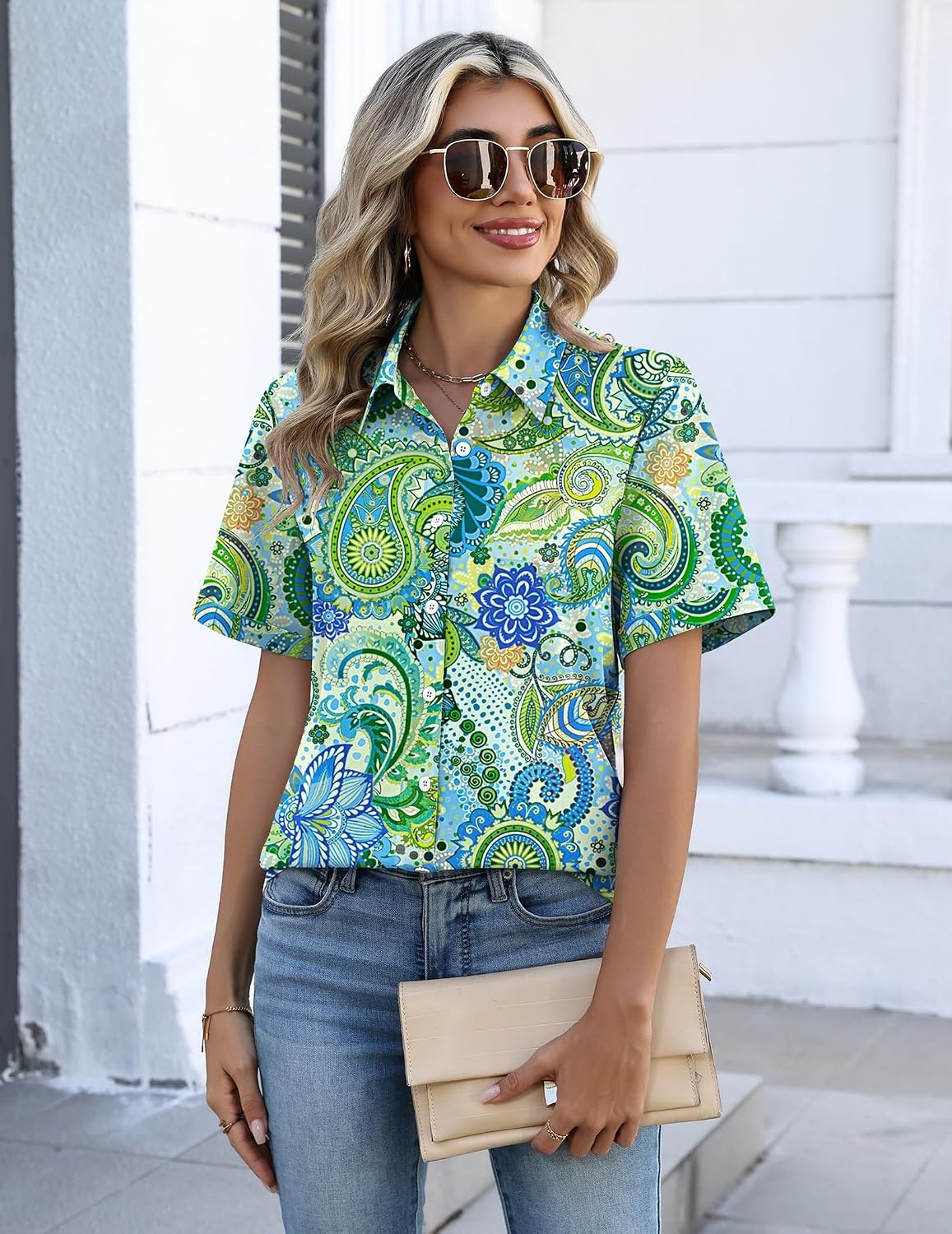 image:imageZeagoo Button Down Shirts for Women Short Sleeve Tops Dressy Casual BlousesYg2multicolored