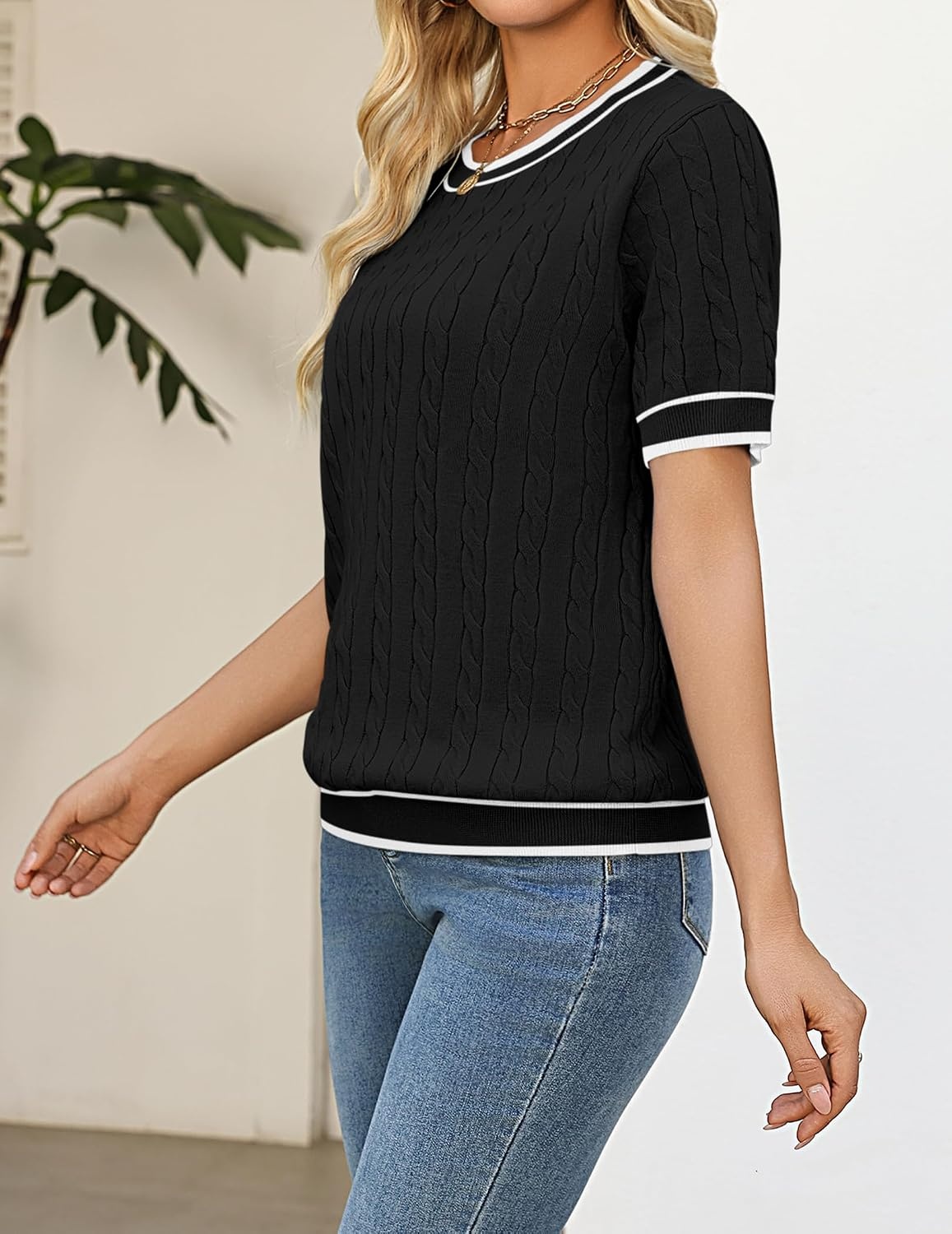 image:imageZeagoo Cable Short Sleeve Sweaters for Women Summer Spring Cute Tops 2026 Trendy Business Causal Outfits Work Blouses ClothesBlack White Stripe