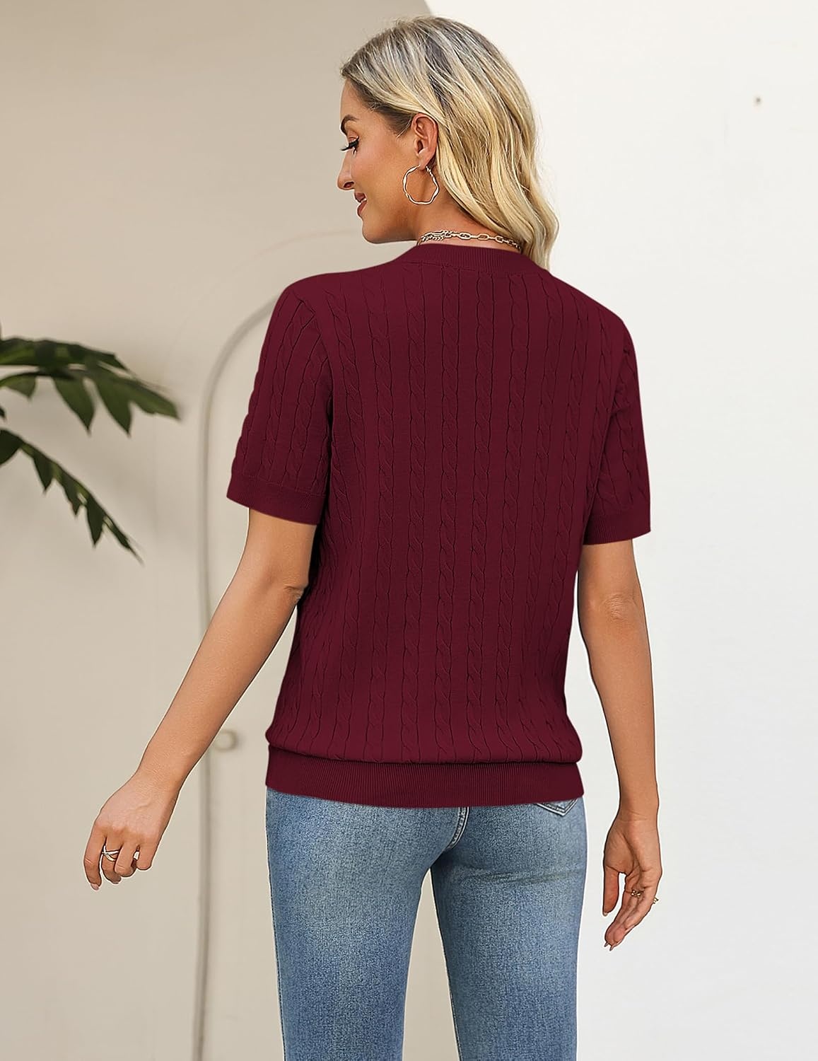 image:imageZeagoo Cable Short Sleeve Sweaters for Women Summer Spring Cute Tops 2026 Trendy Business Causal Outfits Work Blouses ClothesWine Red