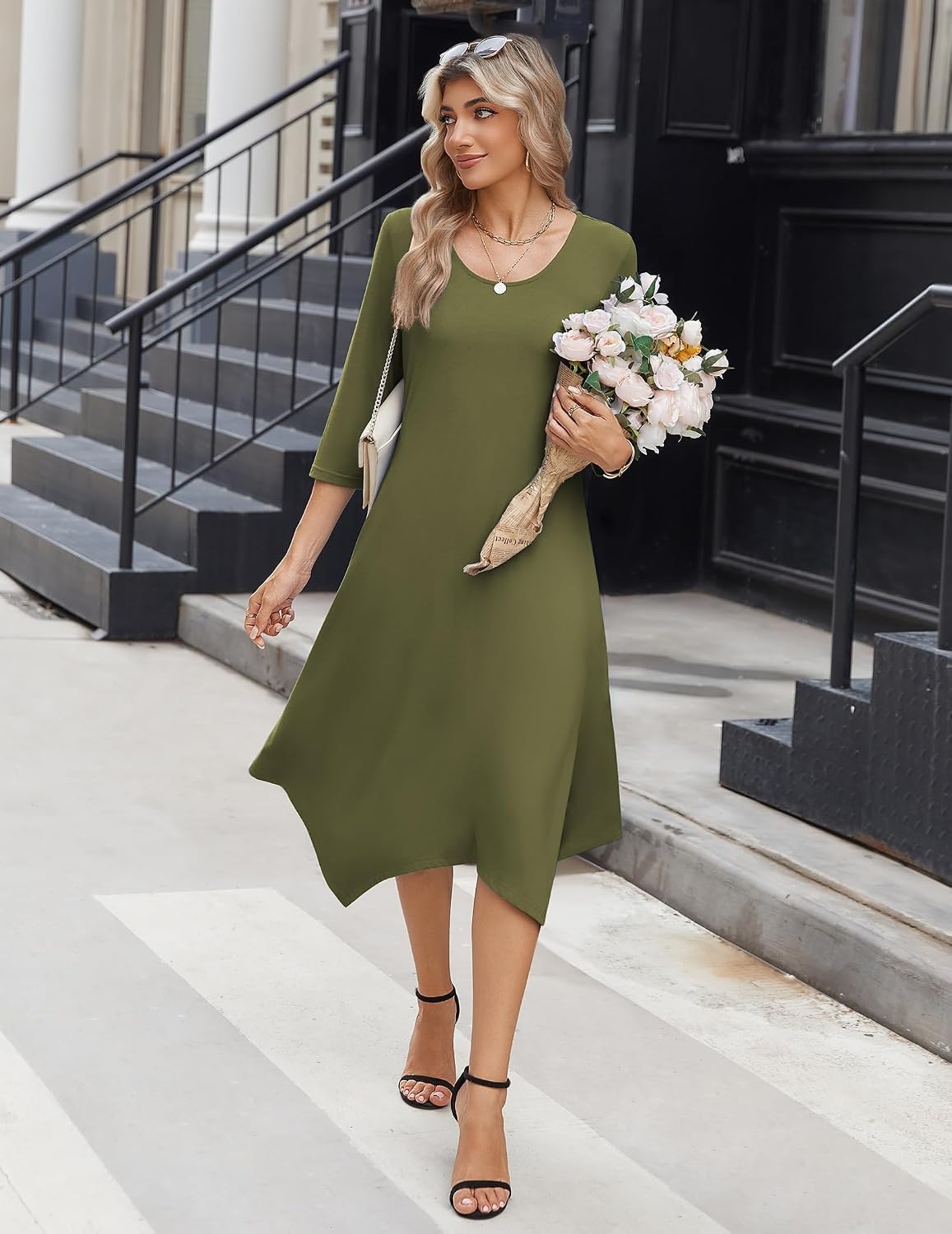 image:imageZeagoo Midi Dresses Women 2026 Dress 34 Sleeve Casual Dresses with Pockets A Line Summer Beach SundressArmy Green