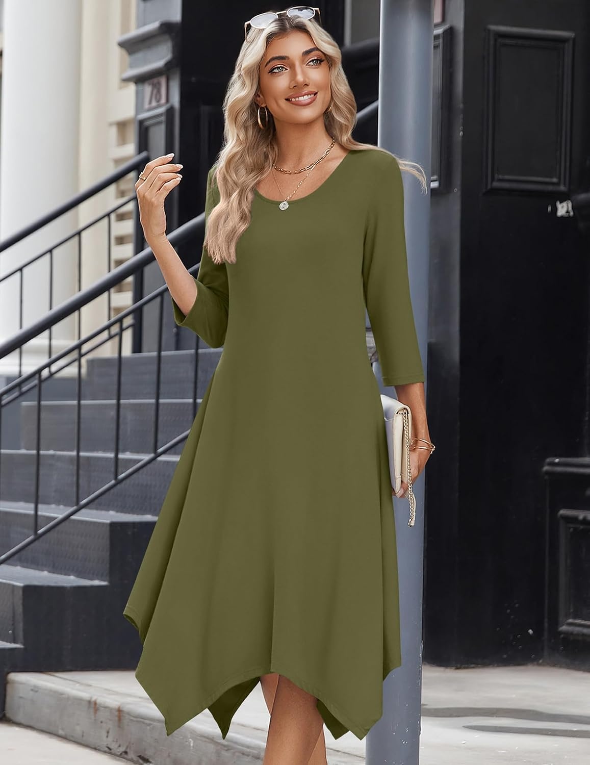 image:imageZeagoo Midi Dresses Women 2026 Dress 34 Sleeve Casual Dresses with Pockets A Line Summer Beach SundressArmy Green
