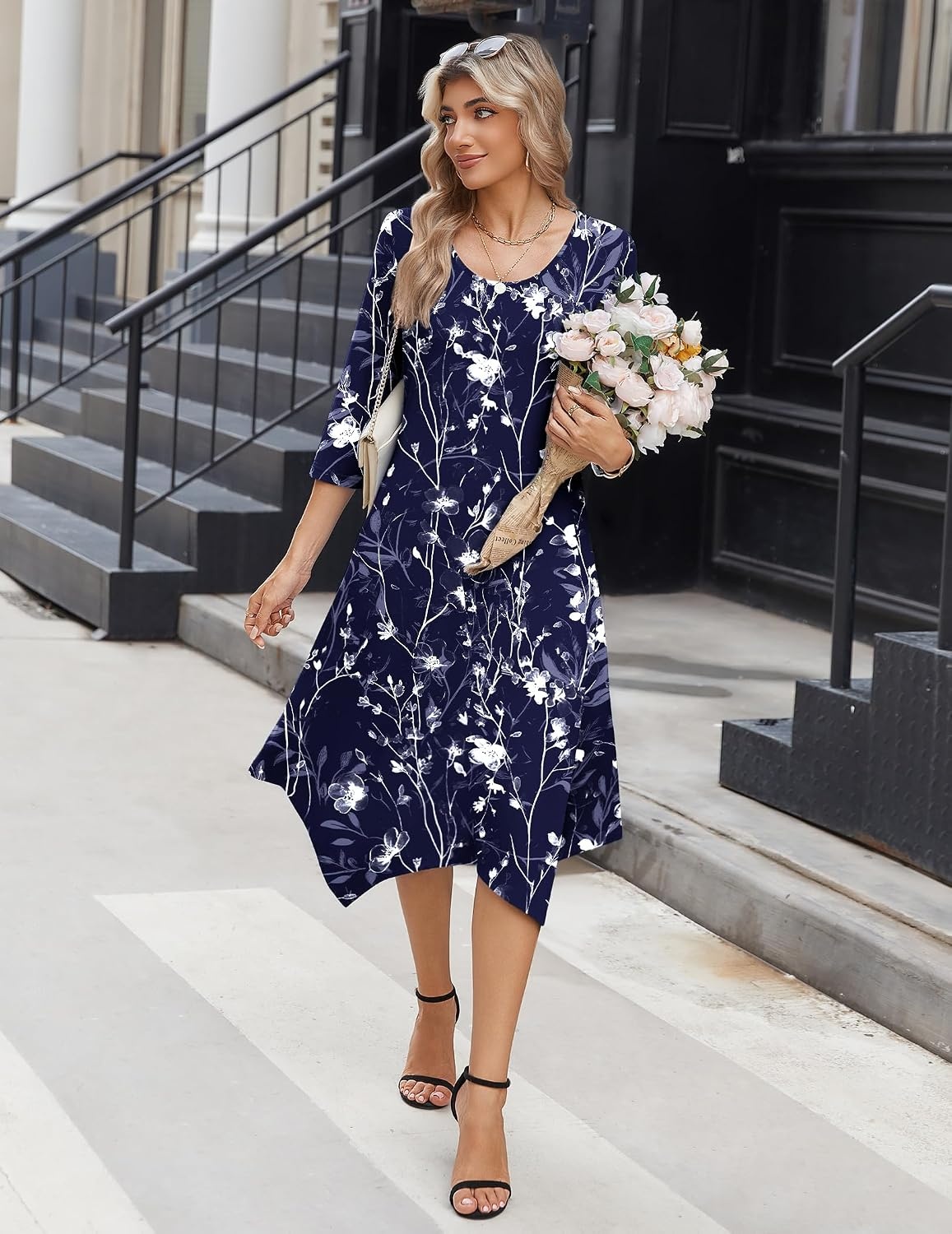 image:imageZeagoo Midi Dresses Women 2026 Dress 34 Sleeve Casual Dresses with Pockets A Line Summer Beach SundressBlue Flower