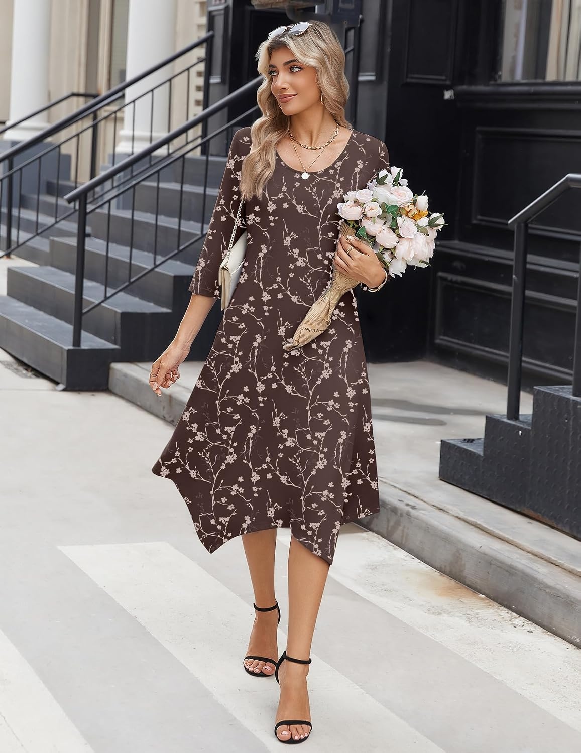 image:imageZeagoo Midi Dresses Women 2026 Dress 34 Sleeve Casual Dresses with Pockets A Line Summer Beach SundressCoffee