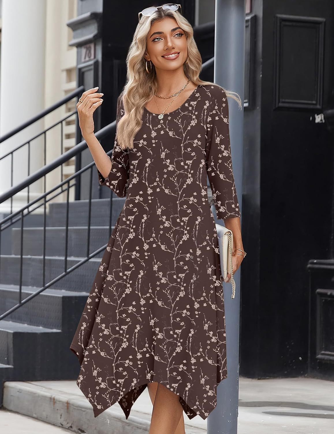image:imageZeagoo Midi Dresses Women 2026 Dress 34 Sleeve Casual Dresses with Pockets A Line Summer Beach SundressCoffee