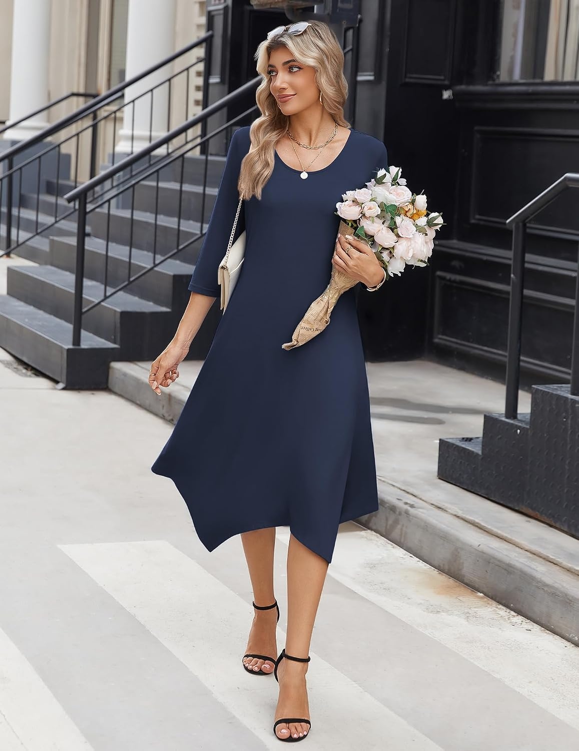 image:imageZeagoo Midi Dresses Women 2026 Dress 34 Sleeve Casual Dresses with Pockets A Line Summer Beach SundressDark Blue