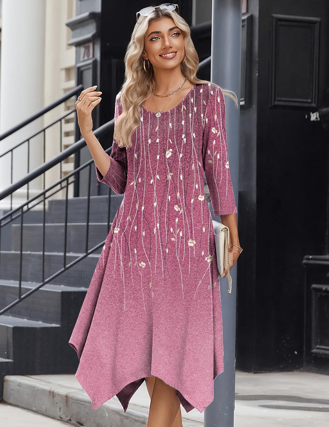 image:imageZeagoo Midi Dresses Women 2026 Dress 34 Sleeve Casual Dresses with Pockets A Line Summer Beach SundressFloral Purple
