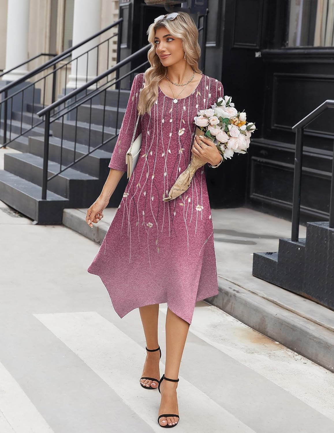 image:imageZeagoo Midi Dresses Women 2026 Dress 34 Sleeve Casual Dresses with Pockets A Line Summer Beach SundressFloral Purple