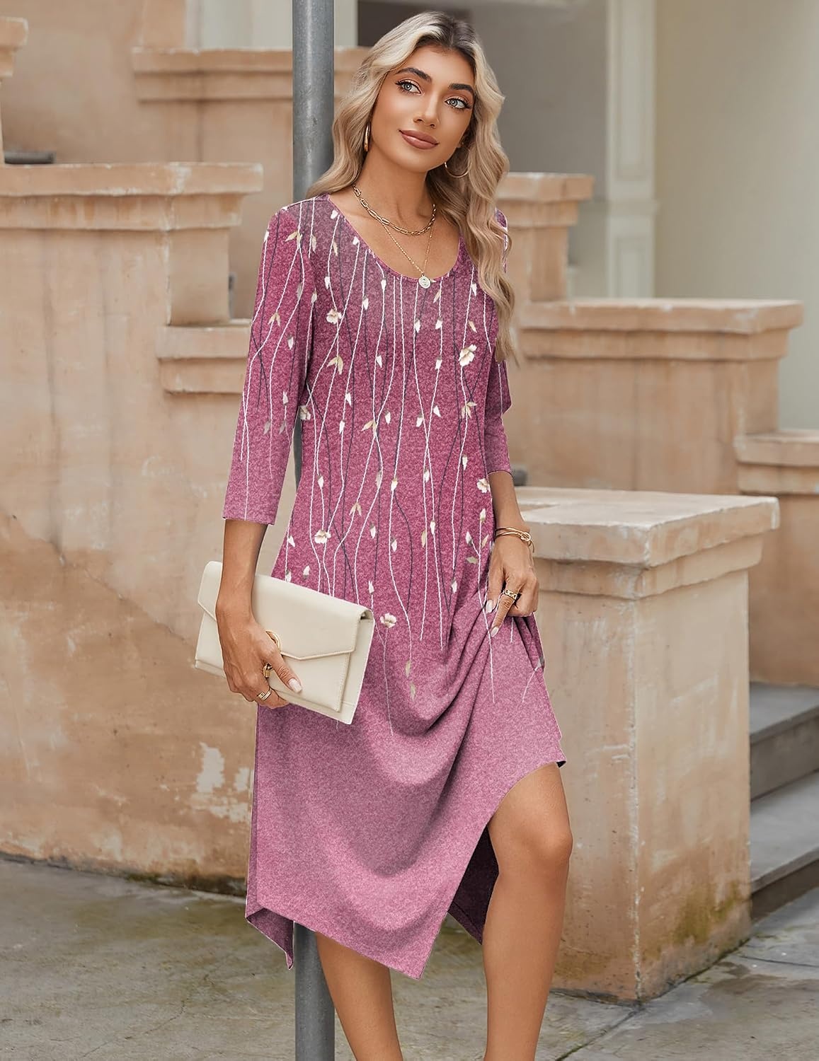image:imageZeagoo Midi Dresses Women 2026 Dress 34 Sleeve Casual Dresses with Pockets A Line Summer Beach SundressFloral Purple