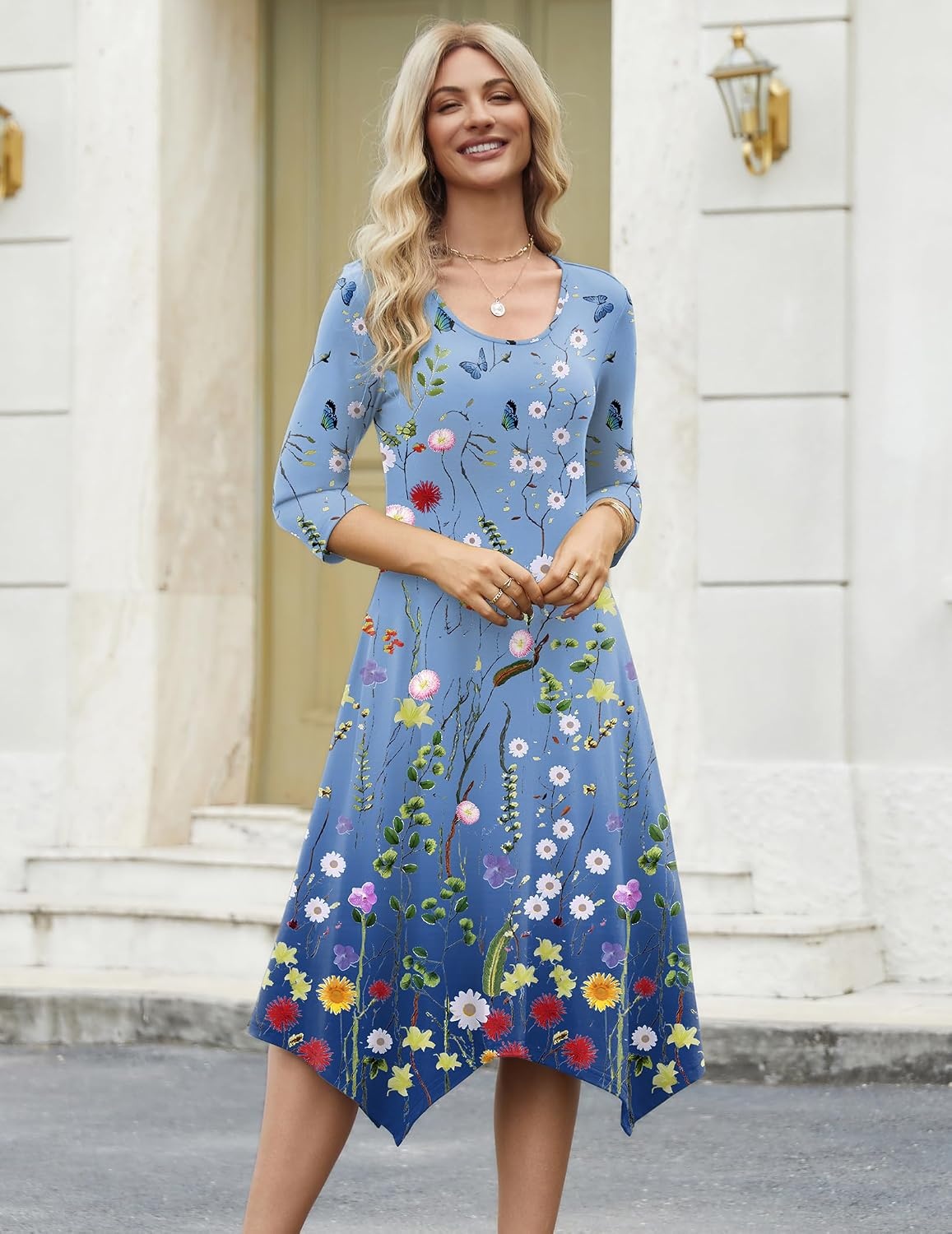 image:imageZeagoo Midi Dresses Women 2026 Dress 34 Sleeve Casual Dresses with Pockets A Line Summer Beach SundressGradient Blue