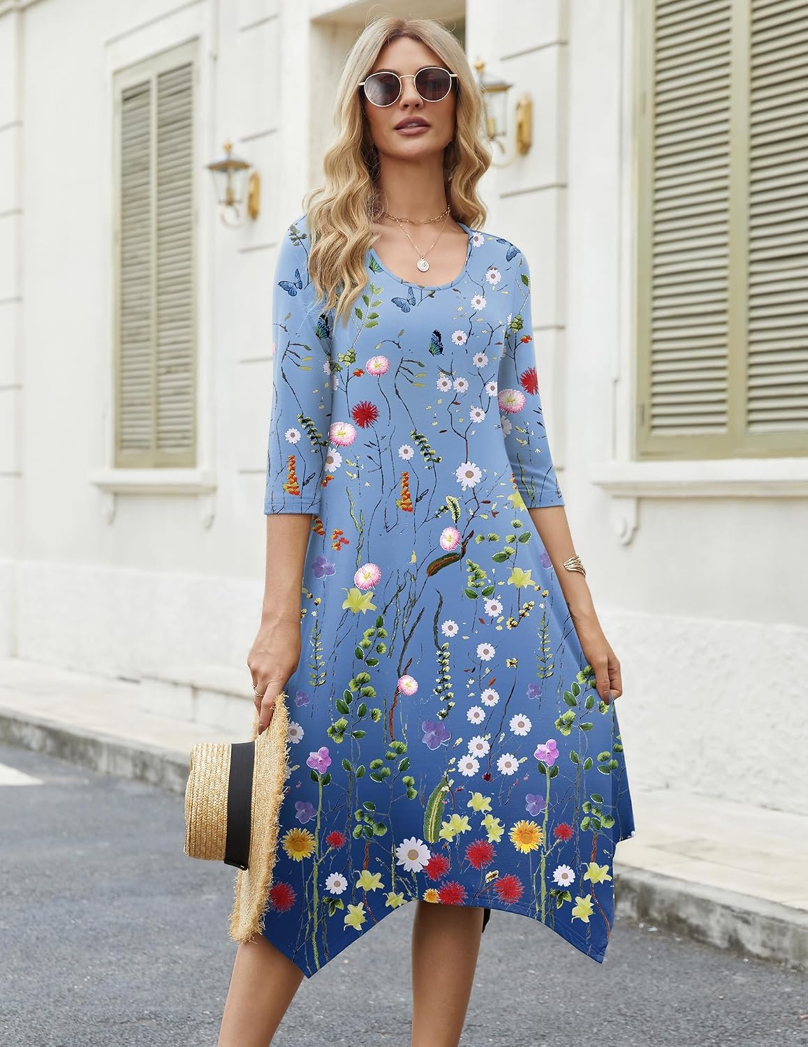image:imageZeagoo Midi Dresses Women 2026 Dress 34 Sleeve Casual Dresses with Pockets A Line Summer Beach SundressGradient Blue