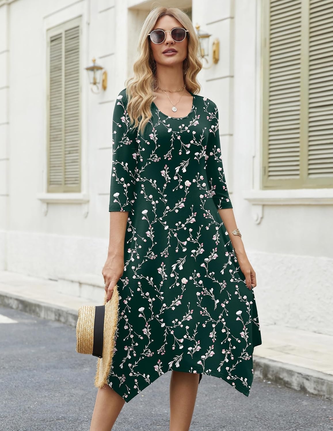 image:imageZeagoo Midi Dresses Women 2026 Dress 34 Sleeve Casual Dresses with Pockets A Line Summer Beach SundressGreen Printing