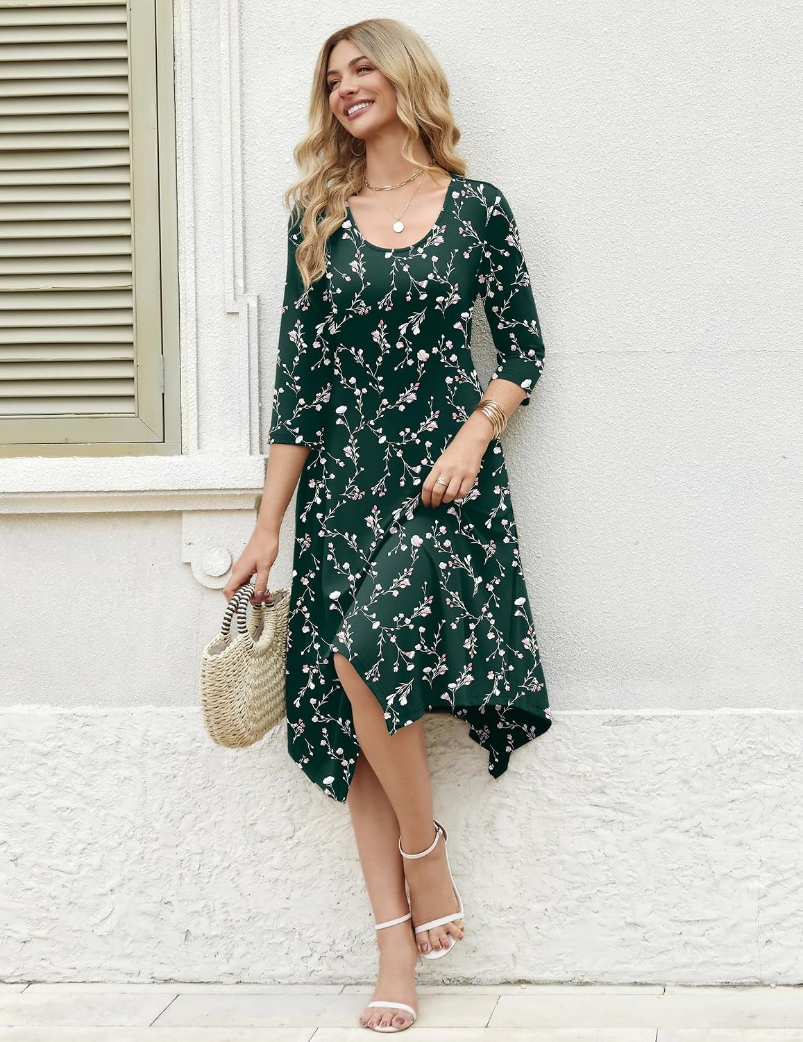 image:imageZeagoo Midi Dresses Women 2026 Dress 34 Sleeve Casual Dresses with Pockets A Line Summer Beach SundressGreen Printing