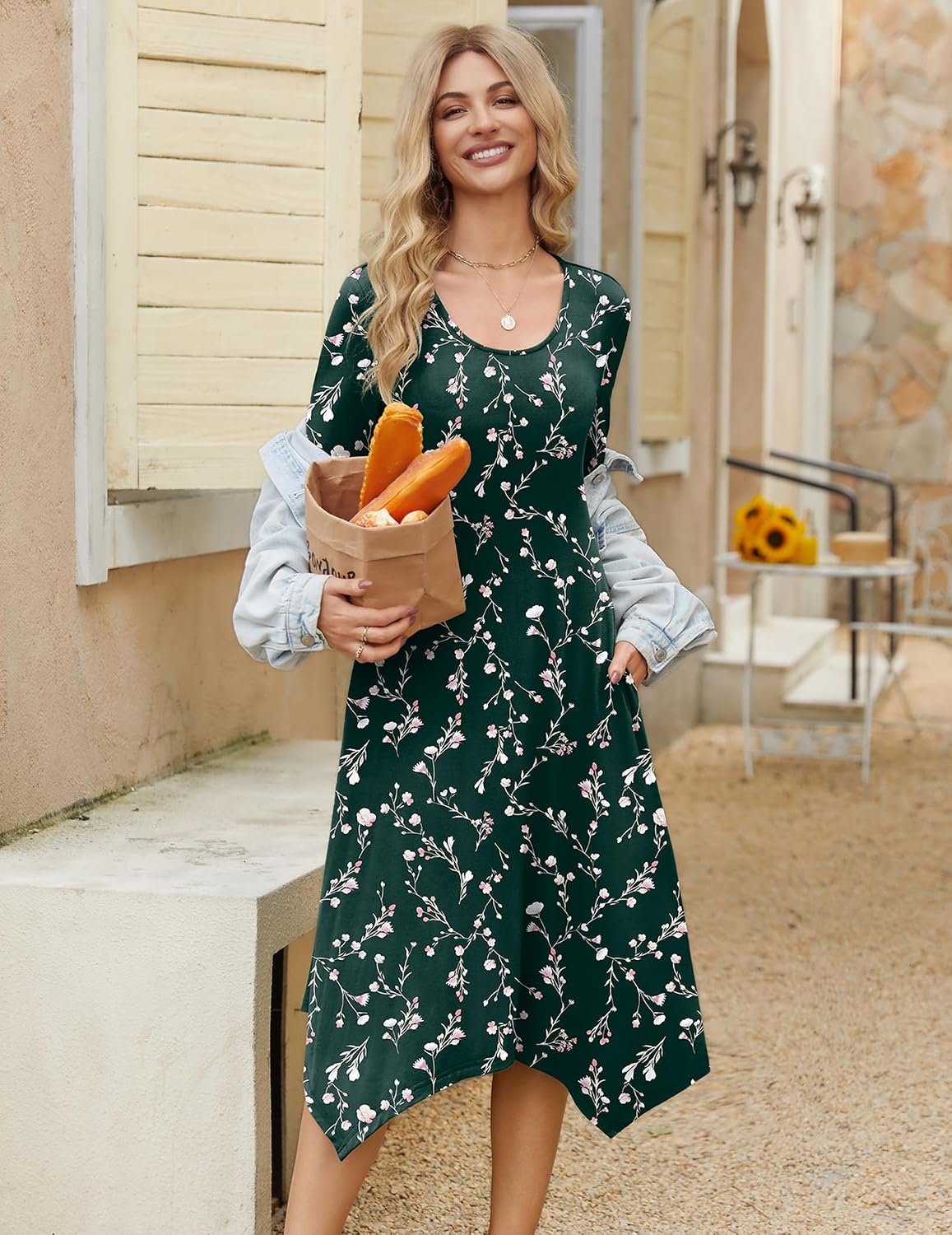 image:imageZeagoo Midi Dresses Women 2026 Dress 34 Sleeve Casual Dresses with Pockets A Line Summer Beach SundressGreen Printing