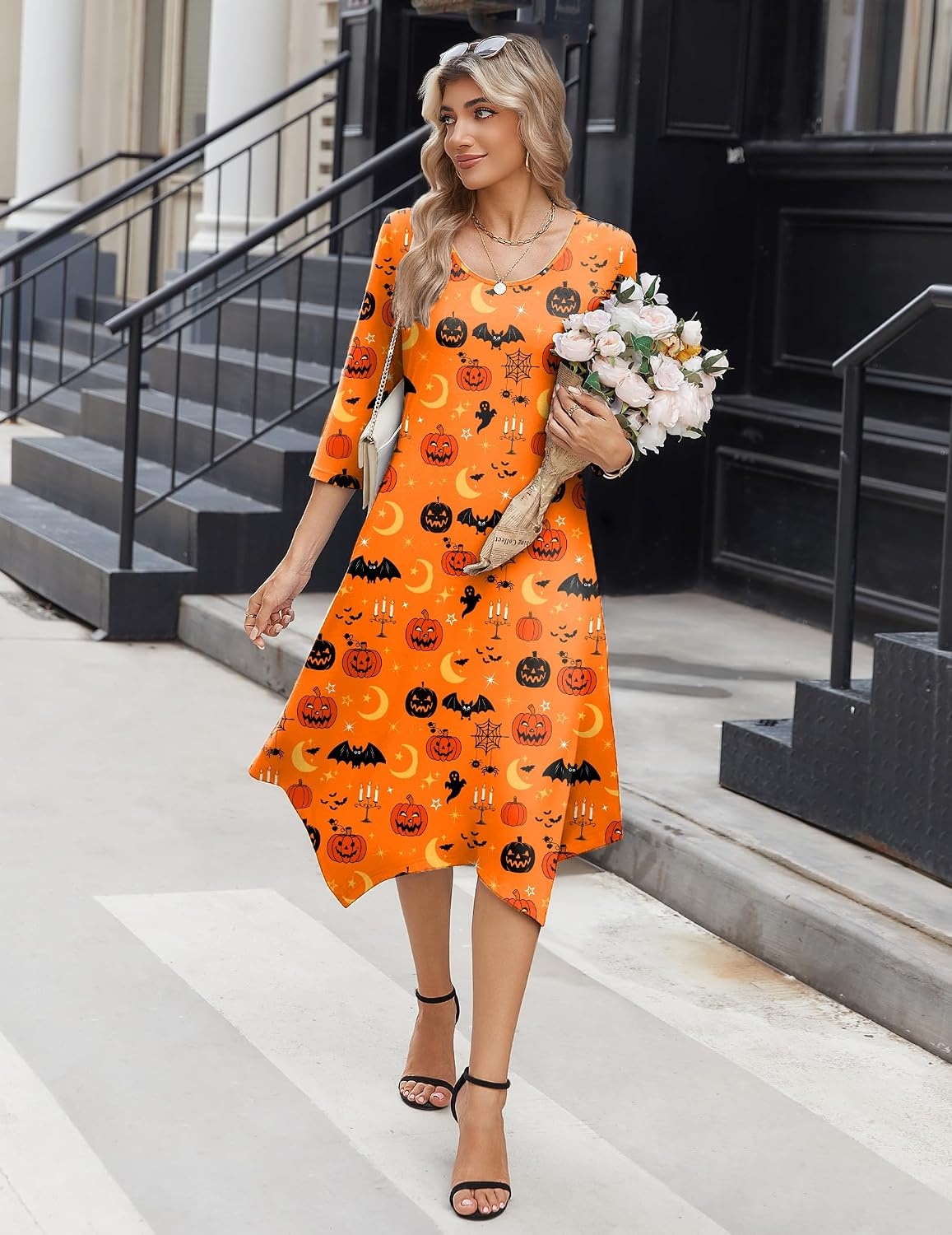 image:imageZeagoo Midi Dresses Women 2026 Dress 34 Sleeve Casual Dresses with Pockets A Line Summer Beach SundressHalloween Pumpkin