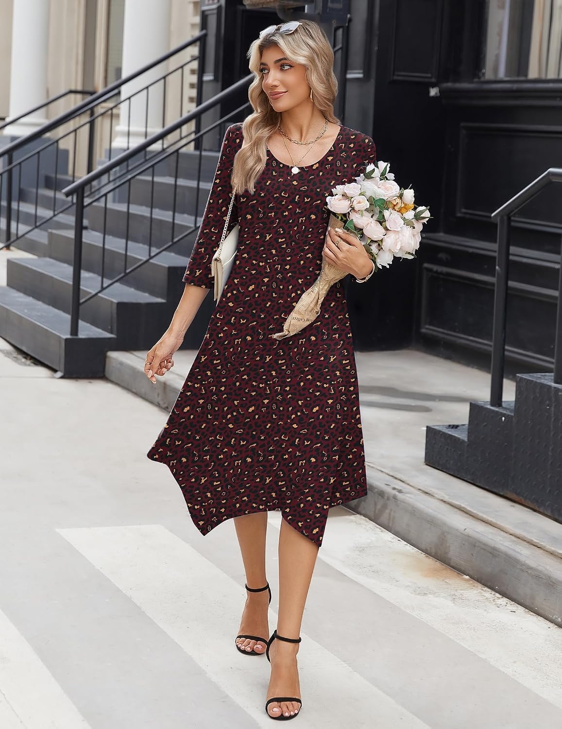 image:imageZeagoo Midi Dresses Women 2026 Dress 34 Sleeve Casual Dresses with Pockets A Line Summer Beach SundressLeopard