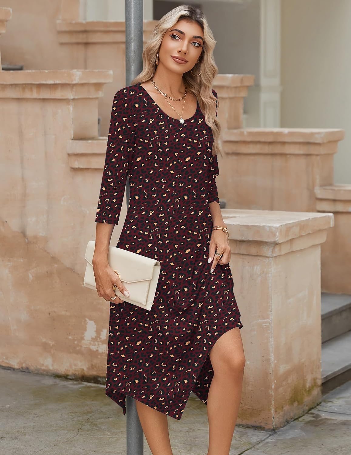 image:imageZeagoo Midi Dresses Women 2026 Dress 34 Sleeve Casual Dresses with Pockets A Line Summer Beach SundressLeopard