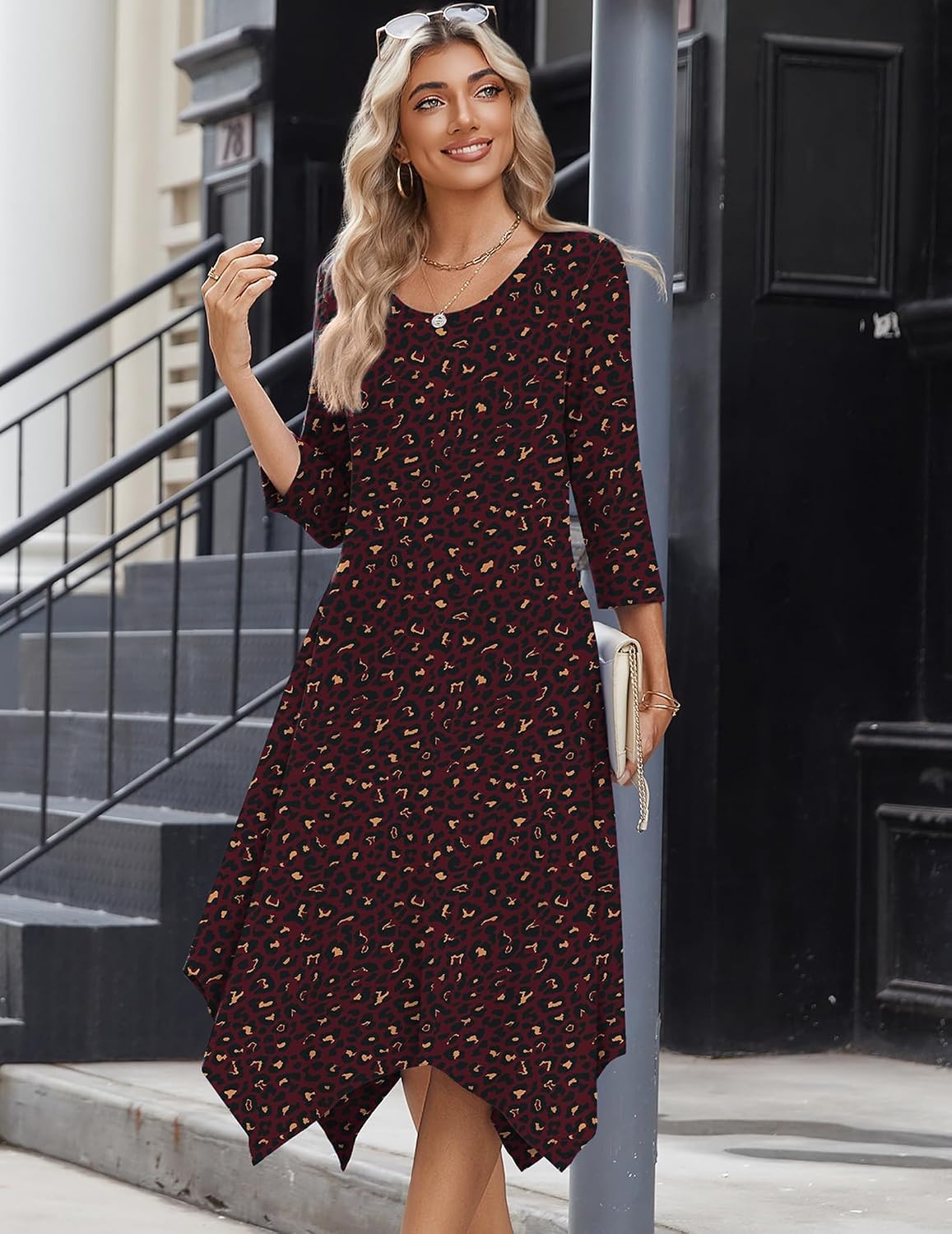 image:imageZeagoo Midi Dresses Women 2026 Dress 34 Sleeve Casual Dresses with Pockets A Line Summer Beach SundressLeopard