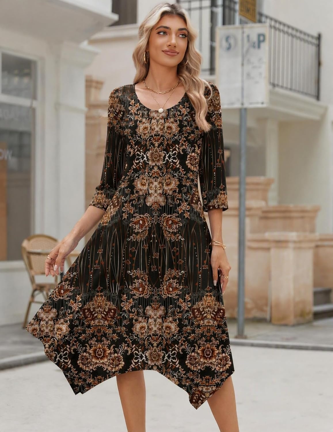 image:imageZeagoo Midi Dresses Women 2026 Dress 34 Sleeve Casual Dresses with Pockets A Line Summer Beach SundressMz770