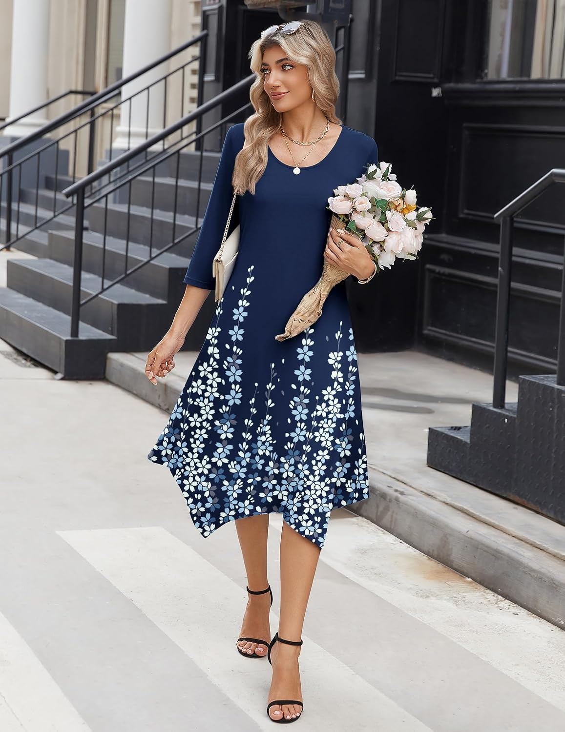 image:imageZeagoo Midi Dresses Women 2026 Dress 34 Sleeve Casual Dresses with Pockets A Line Summer Beach SundressNavy Blue Floral