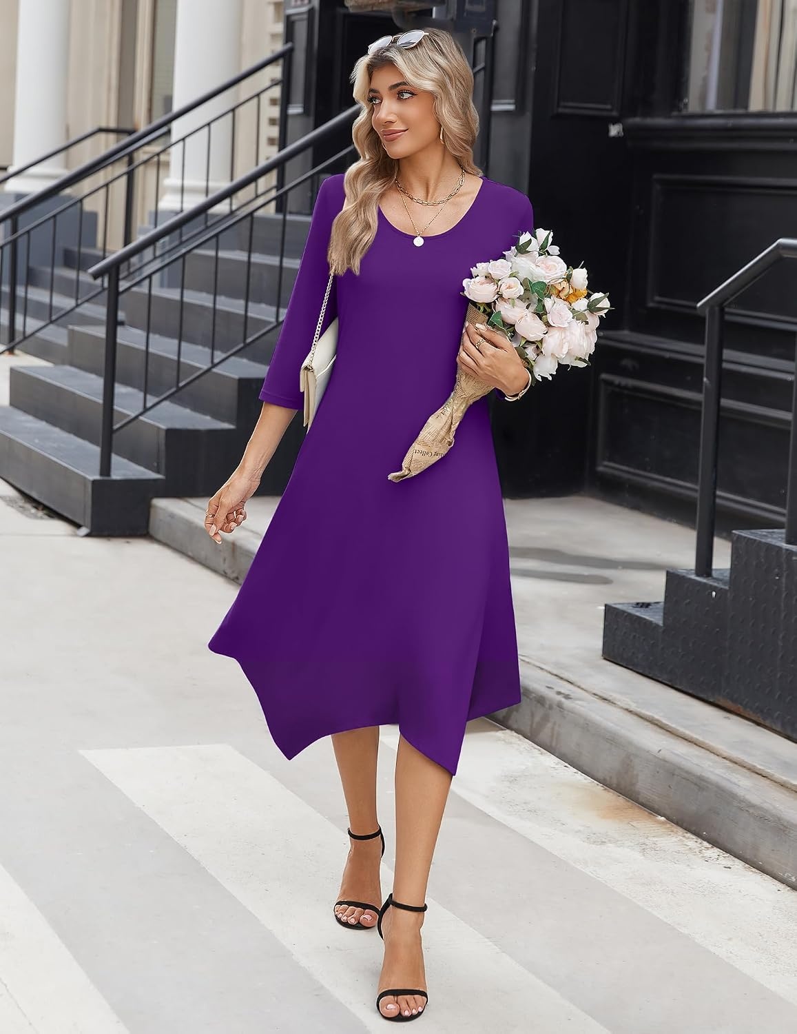 image:imageZeagoo Midi Dresses Women 2026 Dress 34 Sleeve Casual Dresses with Pockets A Line Summer Beach SundressPurple