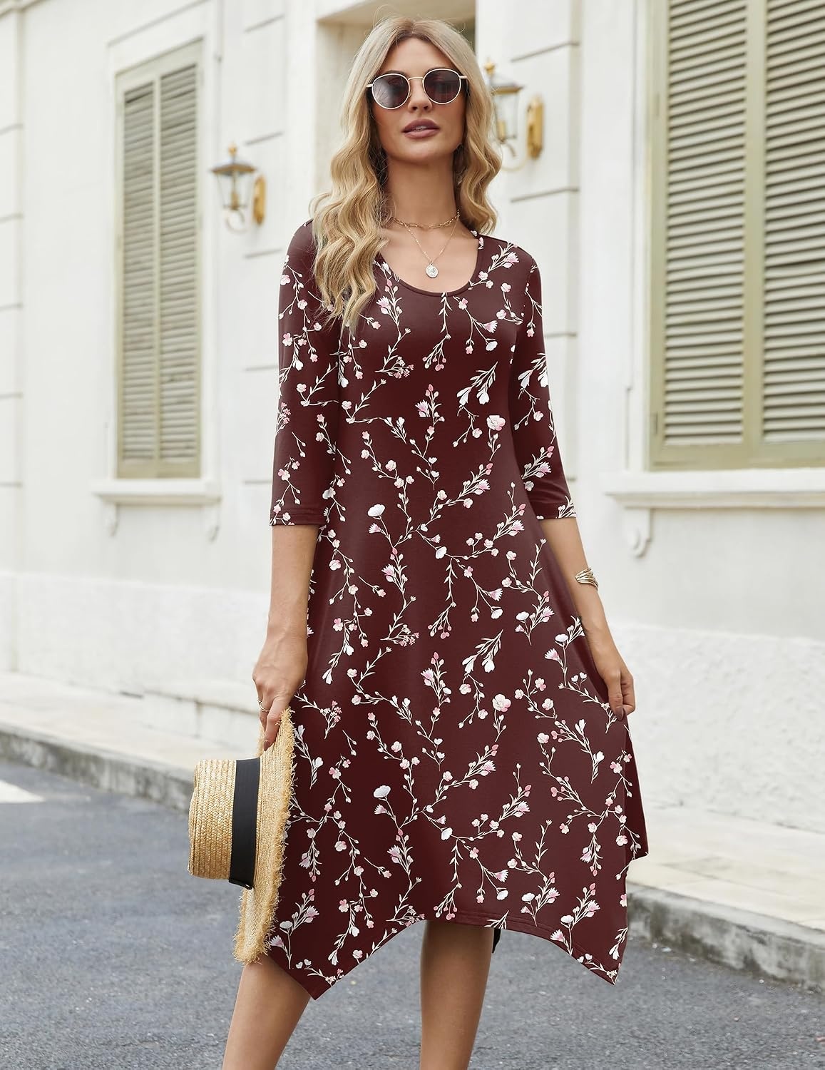 image:imageZeagoo Midi Dresses Women 2026 Dress 34 Sleeve Casual Dresses with Pockets A Line Summer Beach SundressRed Printing